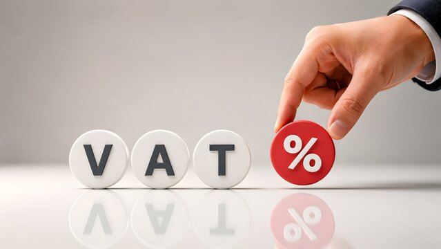 Human hand placing a red percentage symbol next to VAT text blocks representing value added tax financial accounting and business economy
