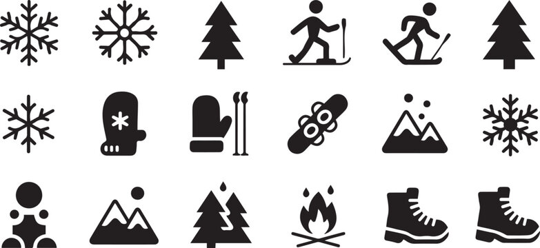 A collection of black and white, simple vector icons, perfect for representing winter, outdoor activities, and nature .Silhouette vector illustration
