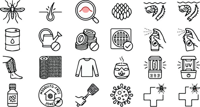 Mosquito Prevention and Control Icon Set, Minimalist Vector Insect Repellent Icons with Spray, Swatter, Larvae, Stagnant Water, and Bug Zapper, Monoline Linear Design Elements on White Background