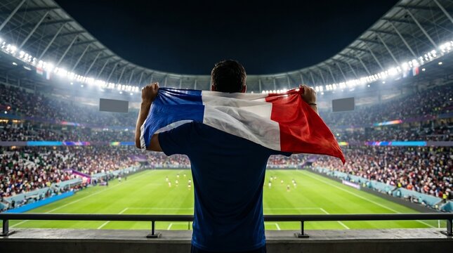 French Football Fan Holding National Flag at a Crowded Stadium Match