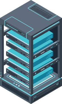 Modern isometric server rack illustration featuring multiple enterprise servers in a data center environment. Ideal for cloud computing, hosting services, network infrastructure, and cybersecurity.