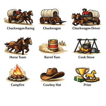 Chuckwagon racing elements with horses wagons barrel tum cook stove campfire cowboy hat prize western vintage transport and food preparation scenes.