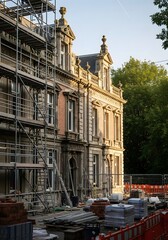 Fototapeta premium Historic Victorian Mansion Facade Under Restoration Scaffolding