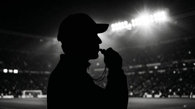 Silhouette of a Sports Referee Blowing a Whistle in a Stadium at Night