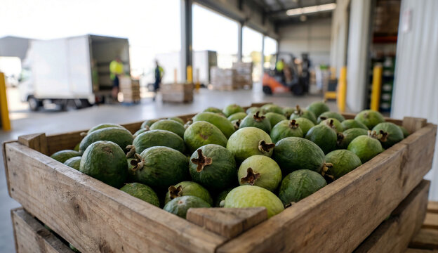 Fresh Feijoa Fruits in Rustic Wooden Crate at Warehouse Loading Dock for Global Produce Logistics