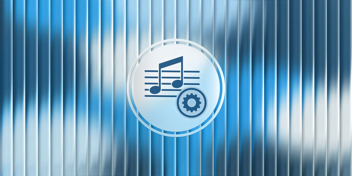 Music settings symbol on a blue glossy abstract background representing digital audio configuration and sound preferences for media software application icon interface