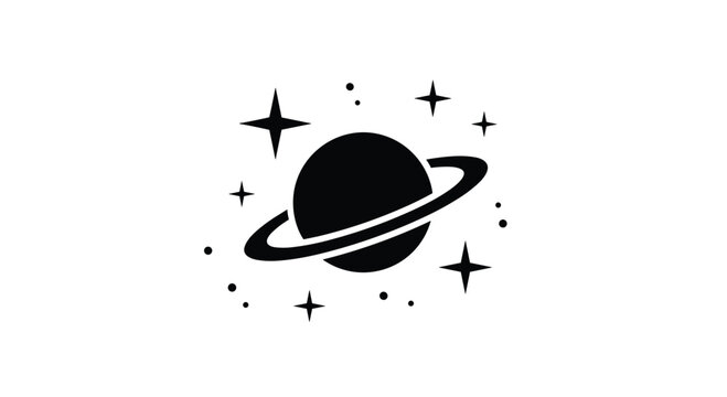 Black silhouette of the planet Saturn with its rings surrounded by twinkling stars and cosmic dots for space themes.