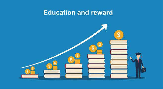 Business infographic showing a growing stack of books with dollar coins and a graduation cap to represent education rewards.
