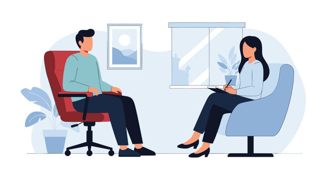 Patient sitting in a chair and talking to a psychologist taking notes during a mental health therapy session in an office.