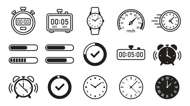 Time & Clock Icon Set &ndash; Stopwatch, Timer, Watch, Speed Clock & Progress Loading Symbols Vector Collection