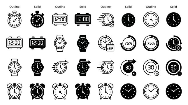 Time & Clock Icon Set &ndash; Stopwatch, Timer, Watch, Speed Clock & Progress Loading Symbols Vector Collection