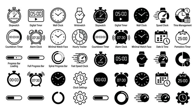 Time & Clock Icon Set &ndash; Stopwatch, Timer, Watch, Speed Clock & Progress Loading Symbols Vector Collection