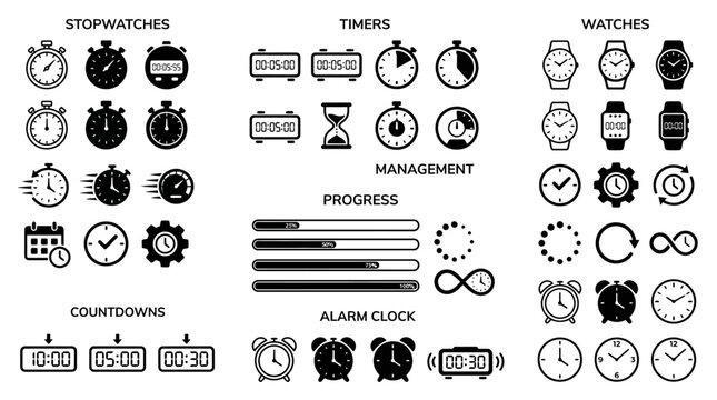 Time & Clock Icon Set &ndash; Stopwatch, Timer, Watch, Speed Clock & Progress Loading Symbols Vector Collection