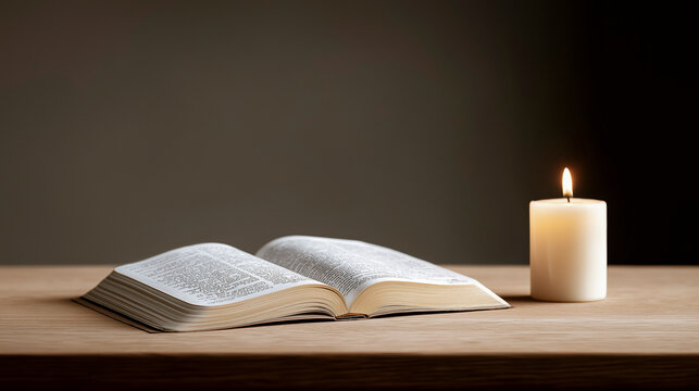 Open holy book with a burning candle on wooden table. Spirituality and religion concept.