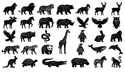 Obraz premium Stylized Black Animal Silhouettes with Tribal Pattern Designs Vector Collection