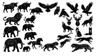Obraz premium Tribal Wildlife Animal Silhouettes with Ethnic Geometric Pattern Vector Set