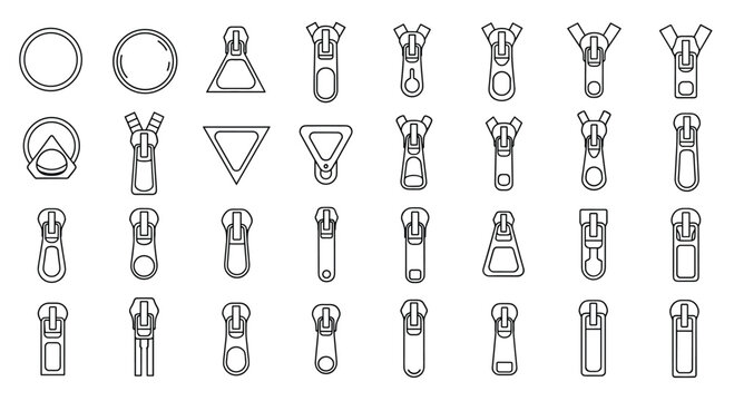 Collection of various zipper puller icons and slider designs shown in simple black line art for fashion, manufacturing, and design use.