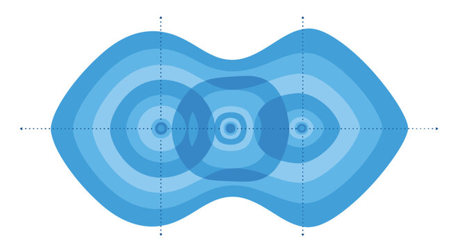 Abstract organic shape with concentric blue ripples and dotted axes representing energy fields, sound waves, or scientific resonance patterns.