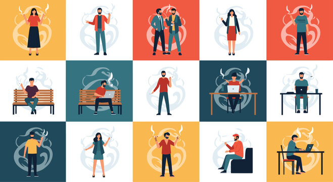 Grid of various people smoking cigarettes or vaping in different settings to represent habits, health concerns, and societal behaviors.