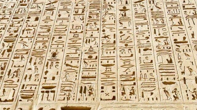 Beautiful bas-reliefs and ancient hieroglyphs from the mortuary temple of Ramesses III at Medinet Habu, Luxor, Egypt