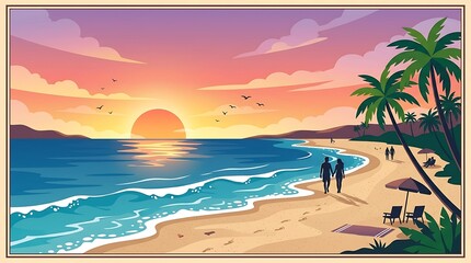 Obraz premium Couple walking on a serene beach at sunset with palm trees and calm waves