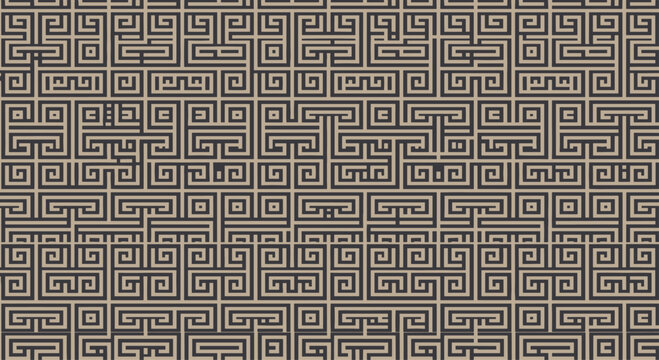 Geometric maze pattern displays intricate brown and grey lines in a repeating abstract design suitable for backgrounds.