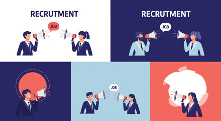 Naklejka premium Recruitment themed illustrations depict business people using megaphones to announce job opportunities against various backgrounds.