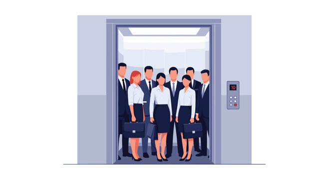 Large group of professional business men and women stand together inside an open elevator in a modern office building.