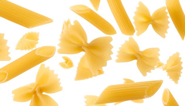 Various uncooked pasta shapes ? penne and farfalle ? scattered against a white background