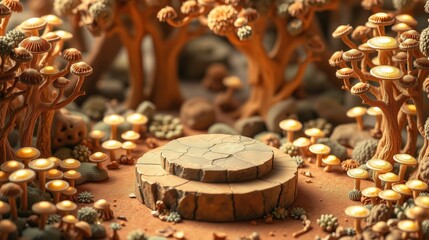 Naklejka premium Magical forest scene. Mushrooms grow around stone pedestal. Warm lighting creates whimsical atmosphere. Detailed miniature landscape.