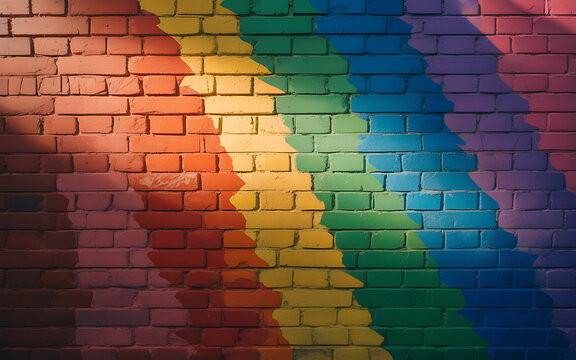 Vibrant rainbow colors painted on a brick wall with shadows