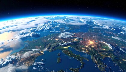 Fototapeta premium View of Europe from space shows landmass, water, cities illuminated at night, atmosphere, and starry sky above
