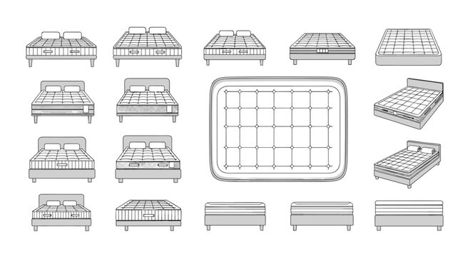 Large collection of mattress and bed frame illustrations shows different styles and angles in a clean line art format.