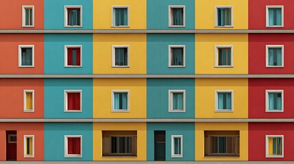Naklejka premium Colorful modern building facade with geometric blocks and many windows