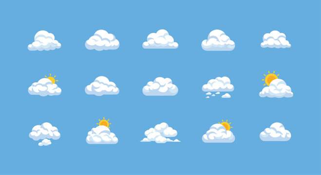 Set of pixel art clouds with variations for sunny and rainy weather on a blue background for game interface design.