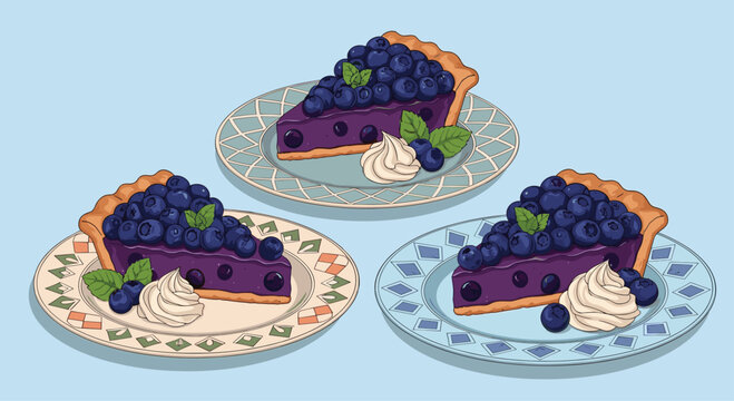 Delicious slices of blueberry cheesecake topped with fresh berries and whipped cream served on decorative vintage plates.