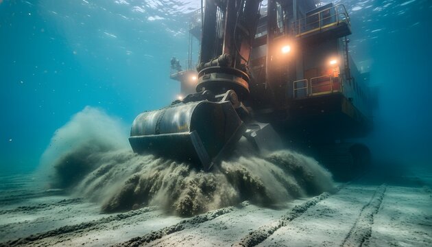 Heavy industrial dredger excavating the sandy seabed underwater, showcasing deep sea mining and offshore construction concept with sediment plumes