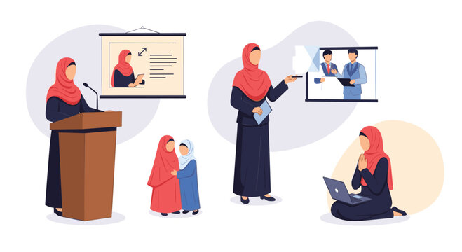 Diverse muslim women performing different activities such as speaking in public, teaching, praying, and working on a laptop.