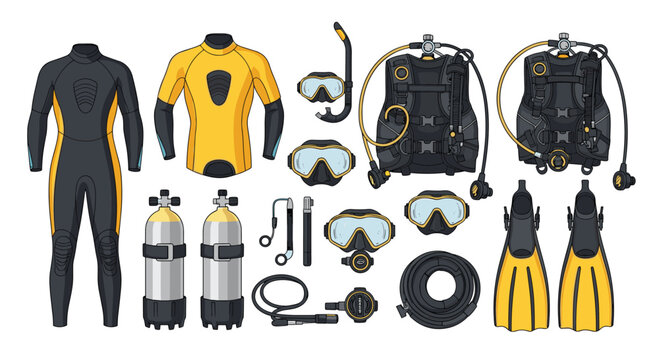 Full set of professional scuba diving gear including wetsuit, oxygen tanks, mask, snorkel, and fins on a white background.