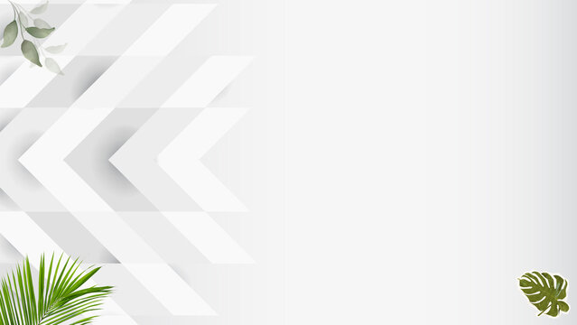 White background with grey chevron arrows and tropical leaves