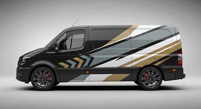 Modern vehicle wrap design on charcoal grey transport van.
