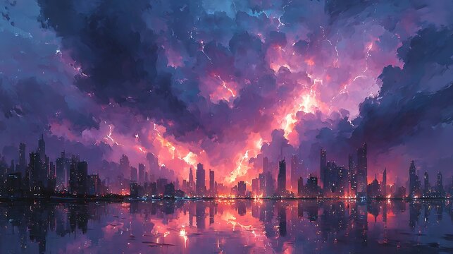 Powerful lightning storm raging behind cyberpunk style futuristic city horizon images