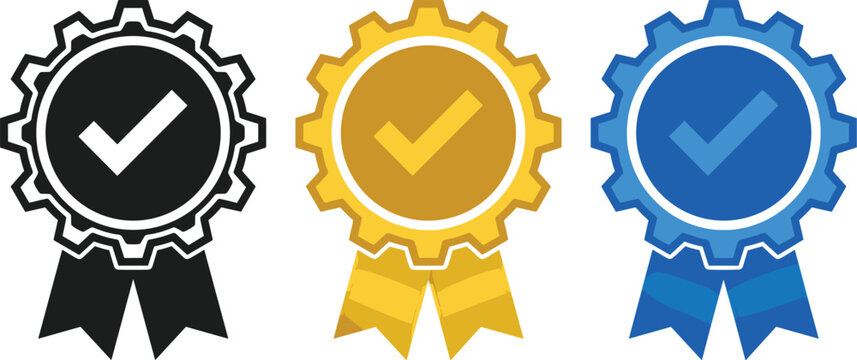 Certification badge collection with check mark seals quality assurance awards and approval ribbons vector illustration set
