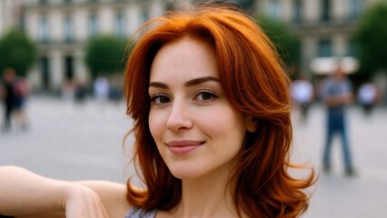 Obraz premium Redhead woman smiling standing in urban public square