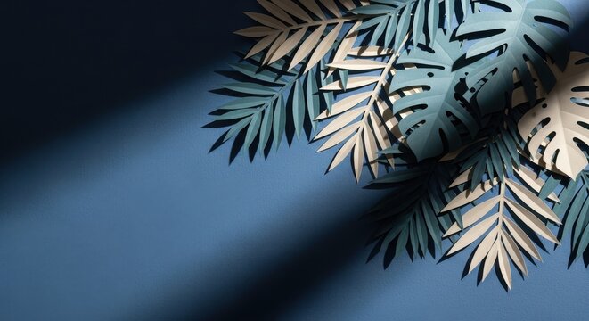 Paper tropical leaves on blue background with shadow