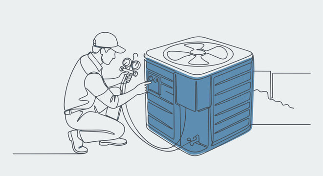 Monoline flat vector illustration, a single continuous line depicting a technician checking an outdoor AC condenser unit, 