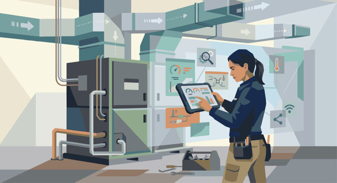 Flat vector editorial illustration style, an HVAC technician performing a complex system diagnostic on a tablet, using layered geometric shapes and varying opacity of solid colors to create depth, sop