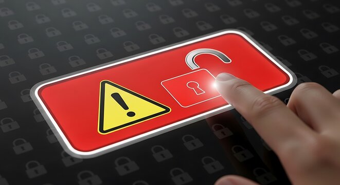 A human finger touching a red digital button with an open padlock and a yellow warning triangle symbol on a dark background, with lock pattern