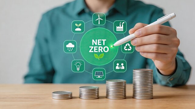 Net zero sustainability concept illustration with green energy icons and growing stack of coins on wooden table