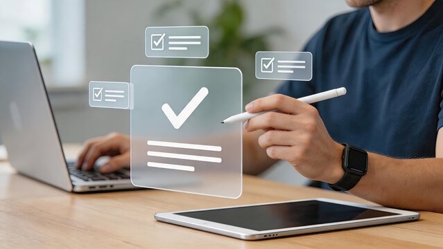Digital checklist verification on transparent screen with stylus pen, online form submission and approval process, business task management and quality control concept in modern